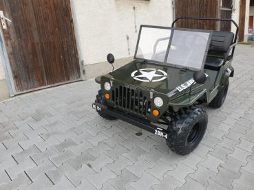 defekter (neuer) HILLBIL Mini Willys Jeep 110 ccm - Kinderauto mit Benzinmotor gefedert, 3-Gang Schaltung bis 45 km/h mit Offroad-Bereifung